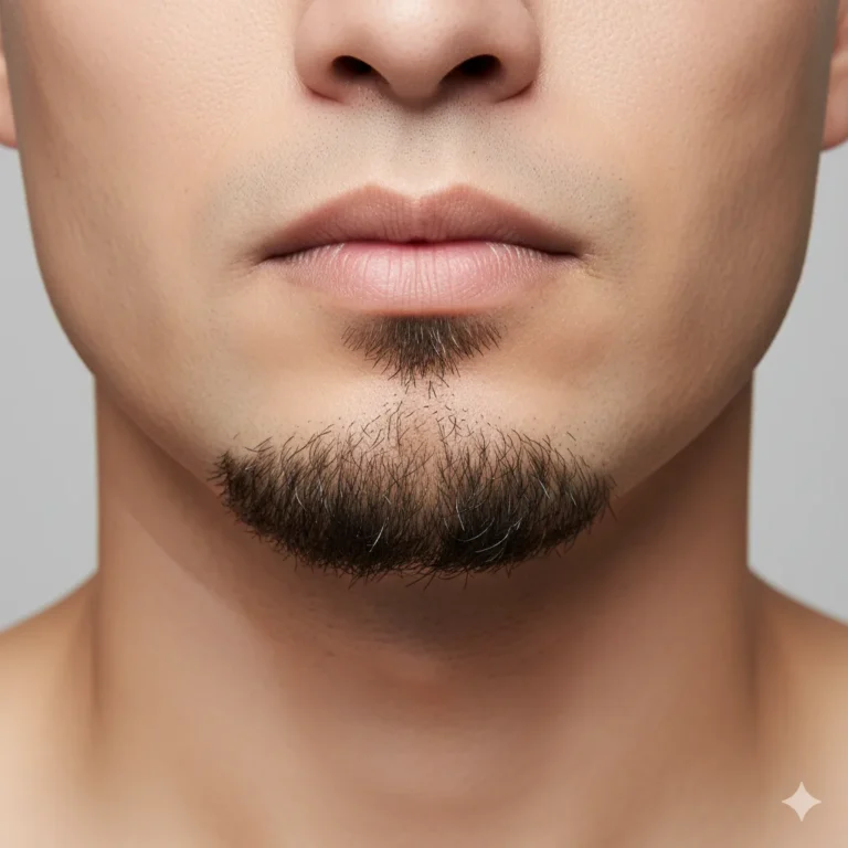 A clean shaven upper lip with a sharp goatee on the chin