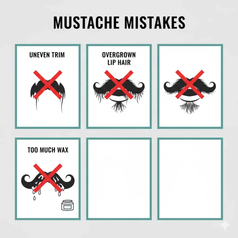 A humorous but clean infographic showing common mustache mistakes