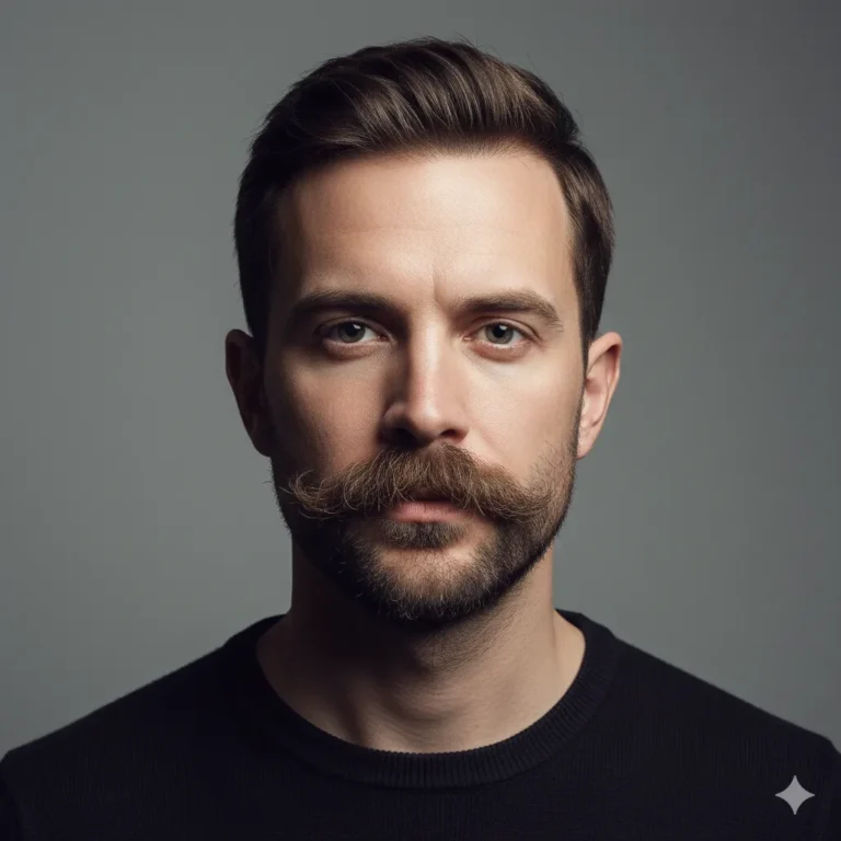 A man with a thick Chevron mustache, straight forward pose