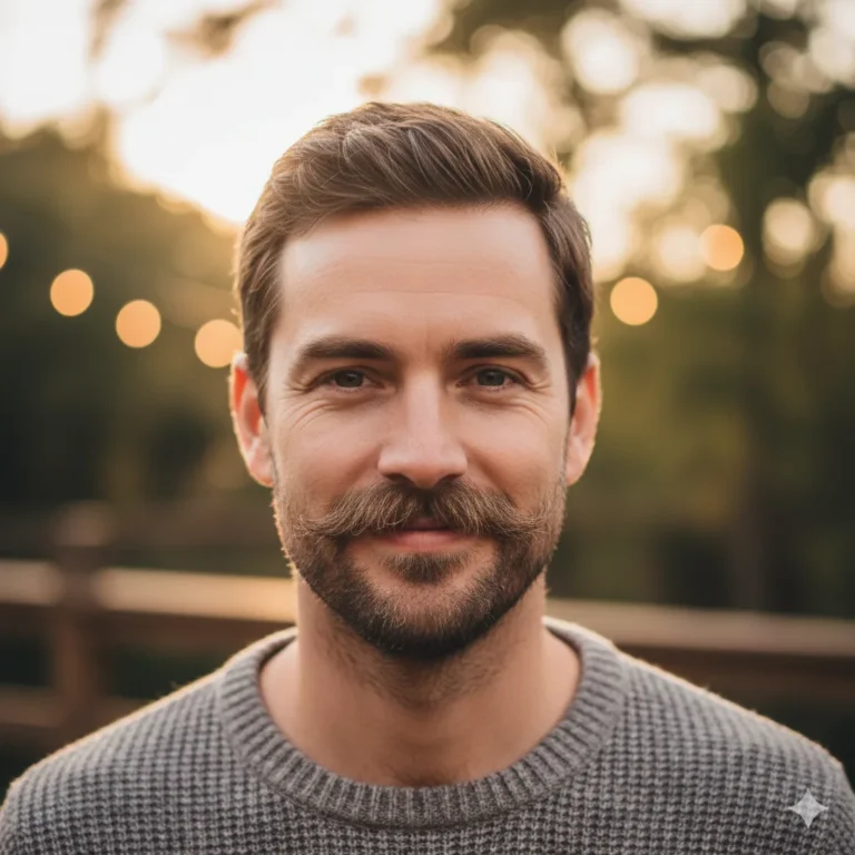 A relaxed portrait of a man with a natural unshaped mustache