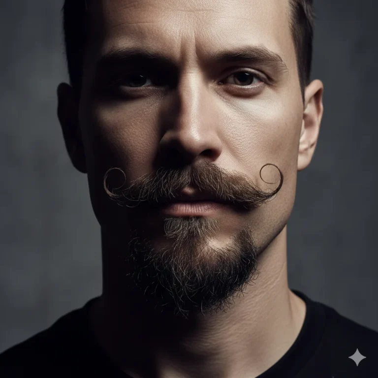 A stylish man wearing a pointed goatee paired with a shaped mustache