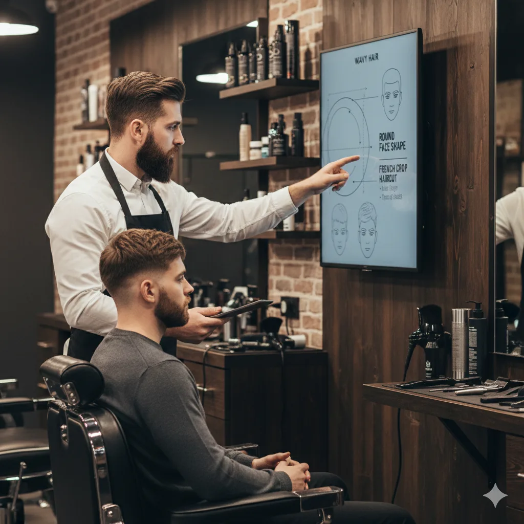 Barber consulting with a client about a French crop haircut