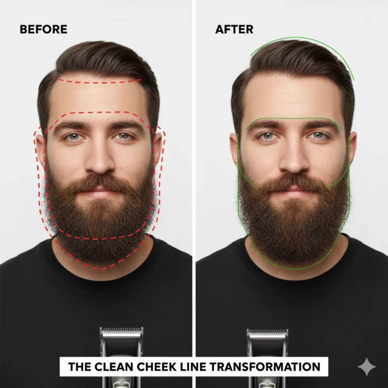 Before-and-after cheek line shaping on a patchy beard,