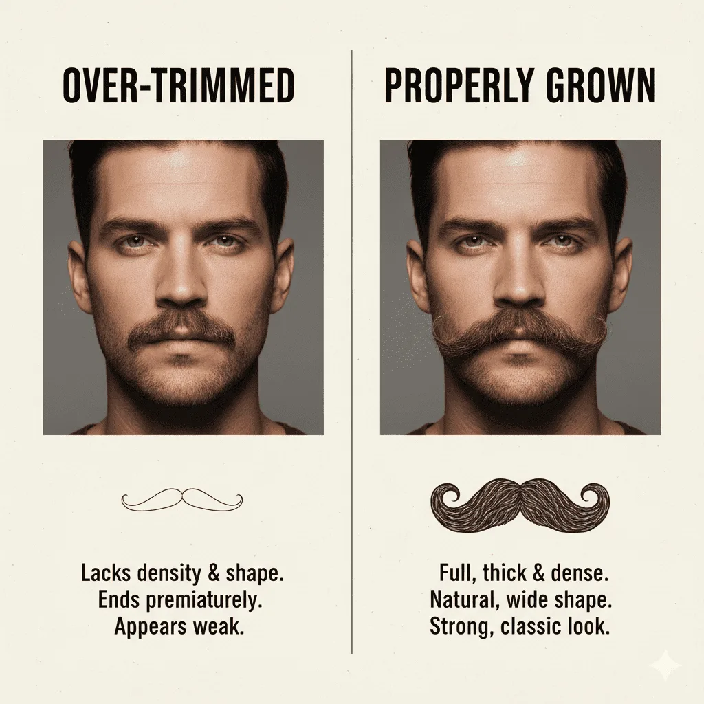 Before and after comparison showing over trimmed vs properly grown cowboy mustache