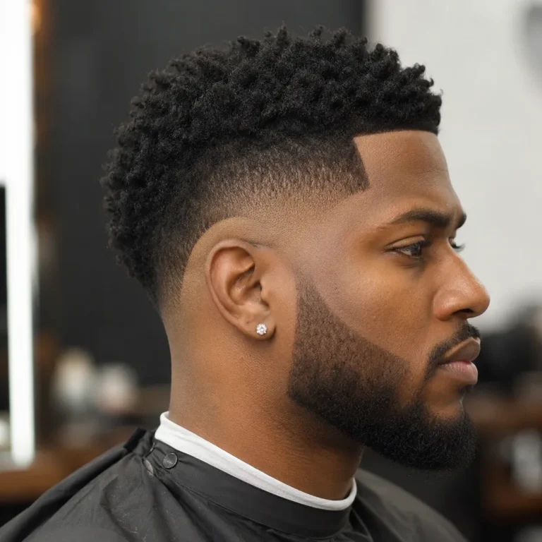 Burst fade curving around the ear with a short afro on top