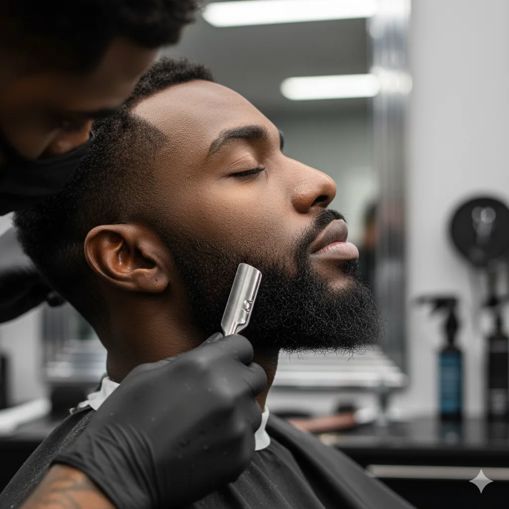 Close up of a Black man with perfect line up beard