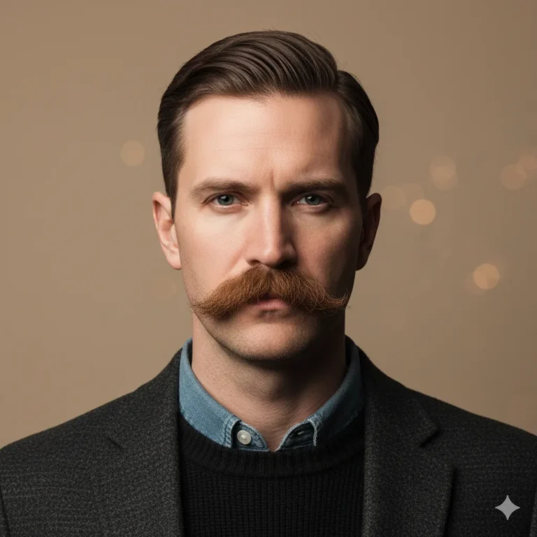 Close-up portrait of a man with a dense Chevron mustache