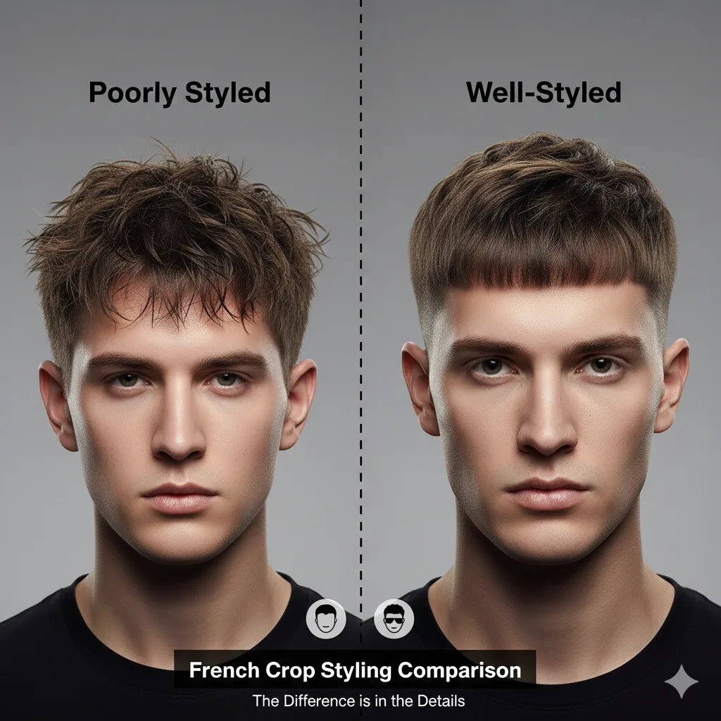 Comparison image showing poorly styled vs well styled French crop haircut