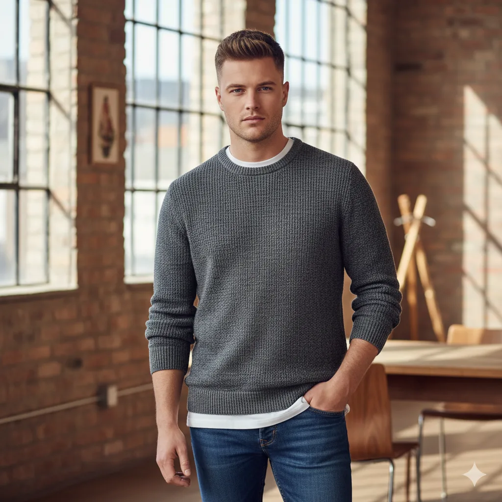 Confident male with round face wearing a perfectly balanced French crop haircut
