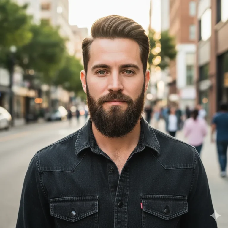 Confident man with well styled patchy beard transformed into clean