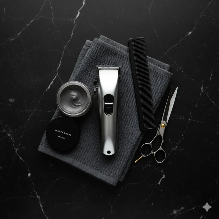 Editorial flat lay of men’s grooming products