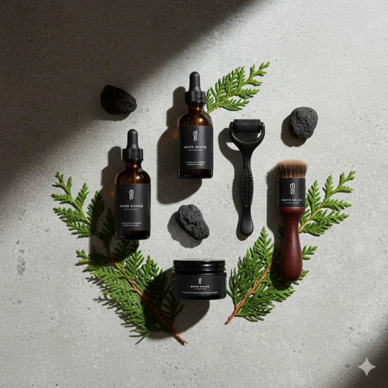 Flat lay grooming routine setup with beard oils