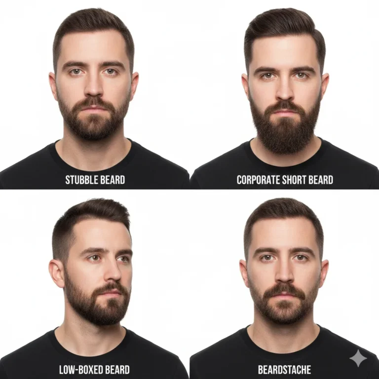 “Grid of four beard styles for patchy beards