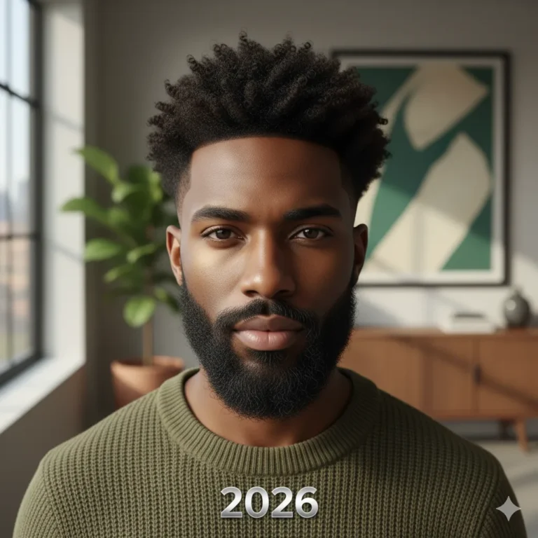 Curly Top Fade + Medium Beard (Volume + Balance)