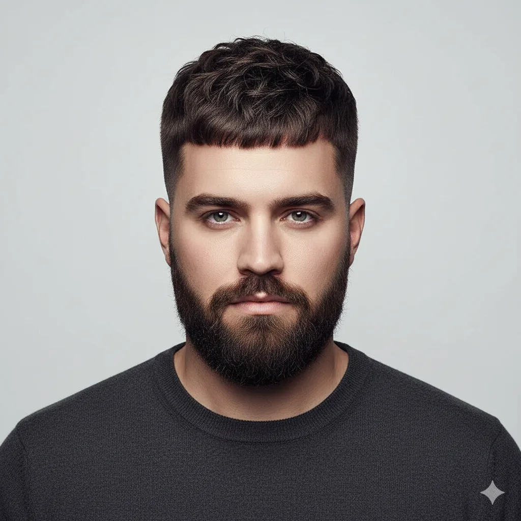 Male model with round face wearing French crop high fade haircut, sharp fade.