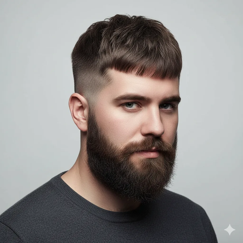 Male model with round face wearing French crop skin fade haircut.