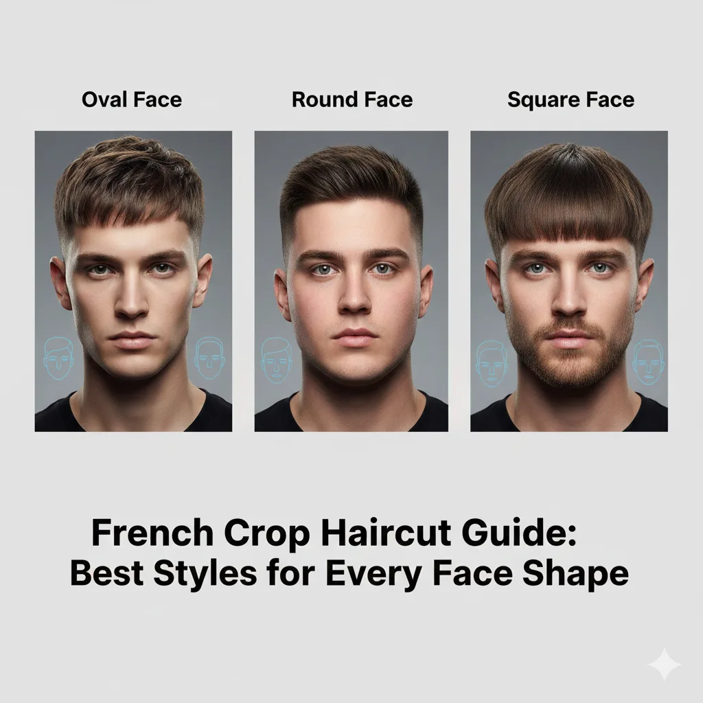 Male models with different face shapes styling French crop haircuts.