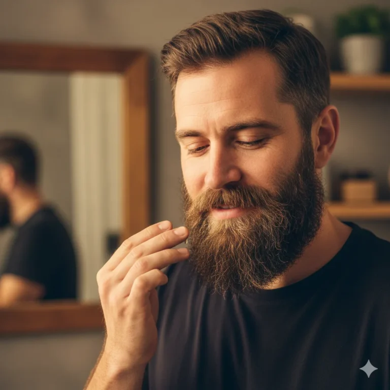 Man applying beard oil and massaging facial hair, warm lighting