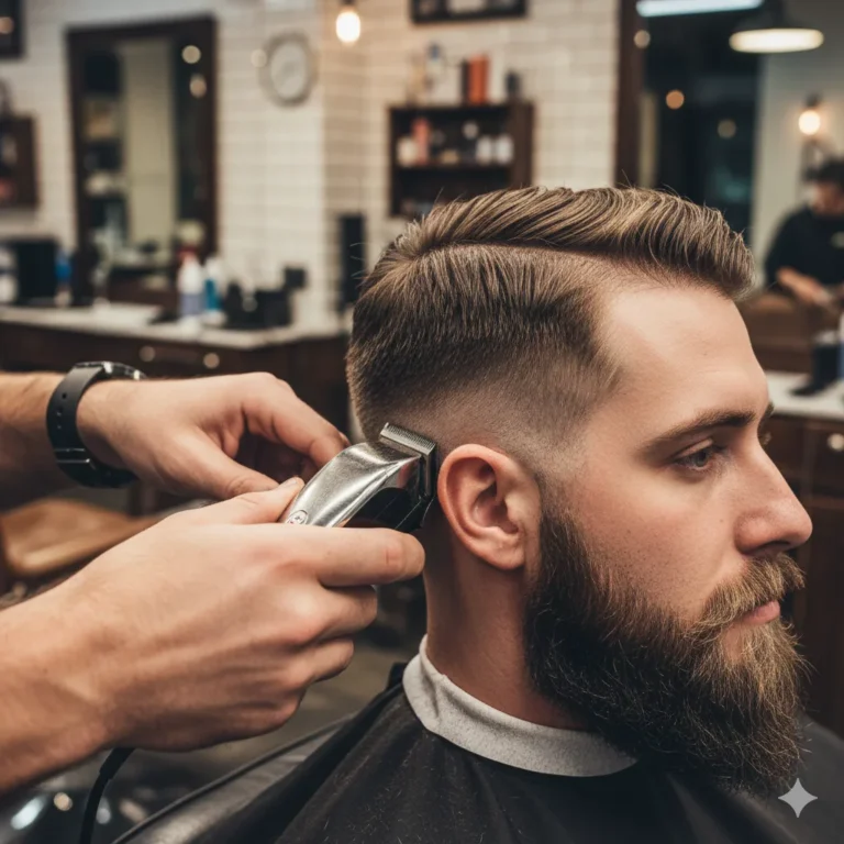 Man getting a sideburn fade in barbershop