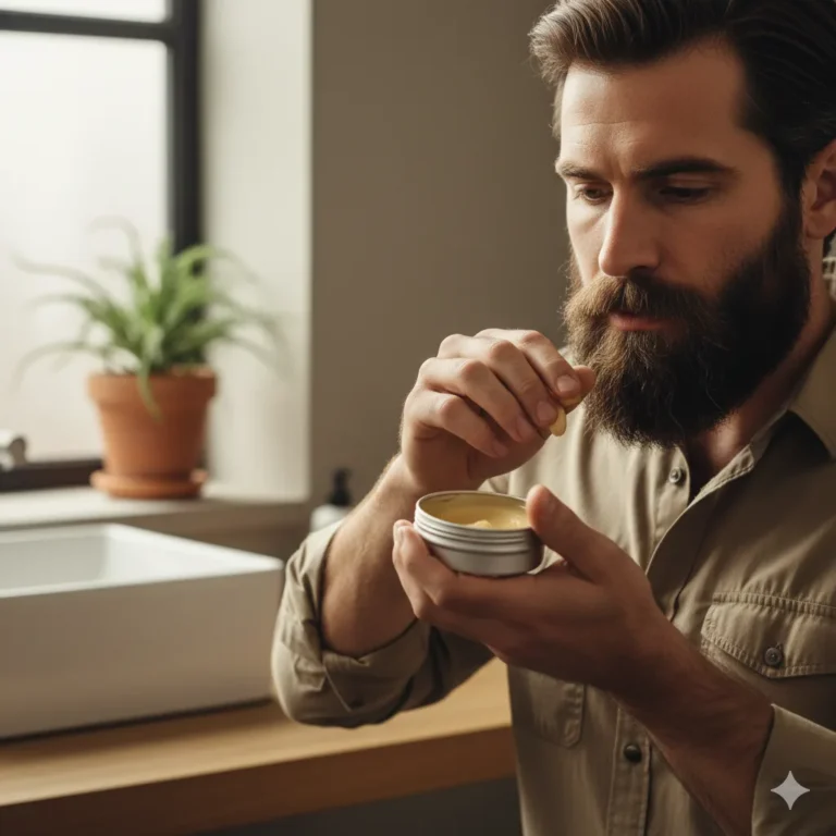 Man with a medium-length beard applying beard balm with fingers,