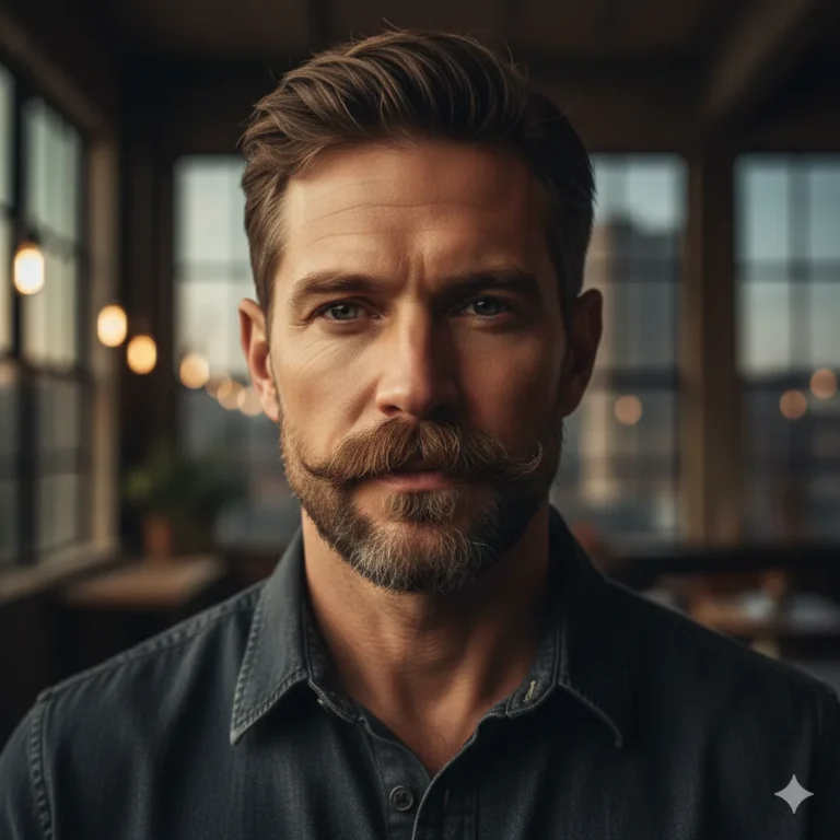 Man with a thick mustache and short stubble beard,