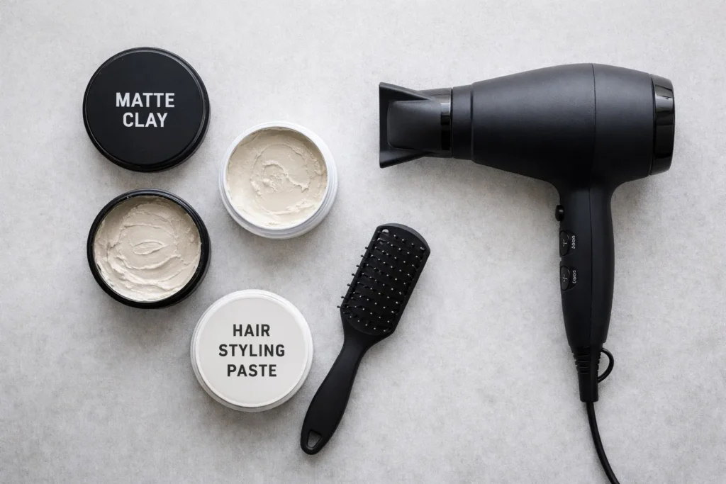 Flat-lay image of men’s grooming products for styling a French crop haircut.