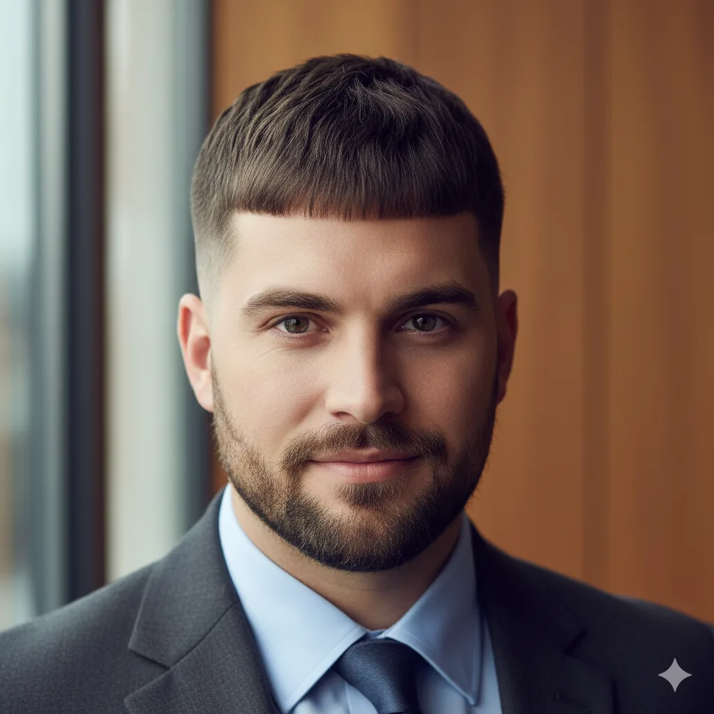 Professional male with round face wearing French crop taper fade haircut