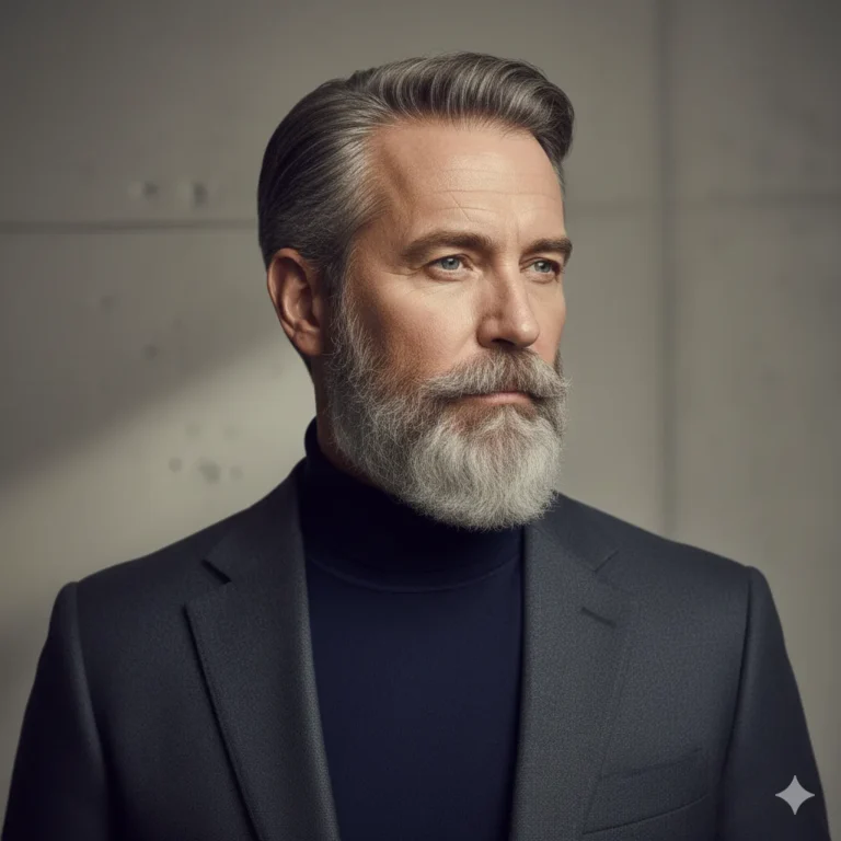 Short textured haircut on man with salt-and-pepper beard
