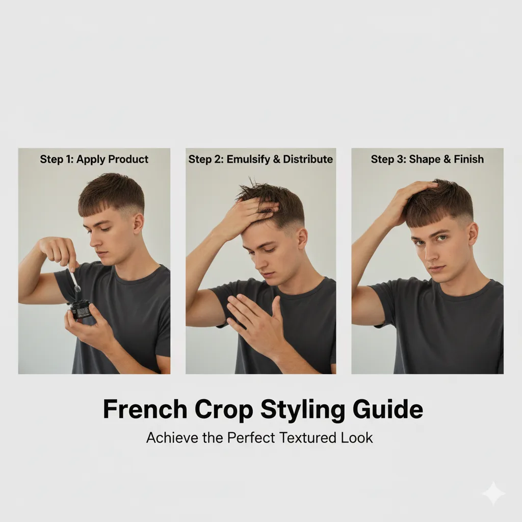 Step-by-step visual showing man styling a French crop haircut.