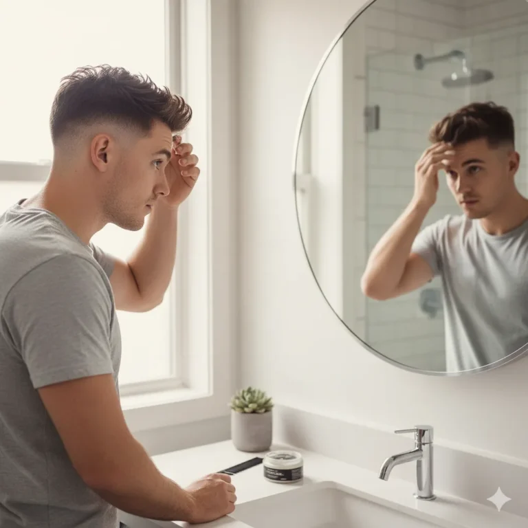 Man styling a textured crop haircut with his fingers