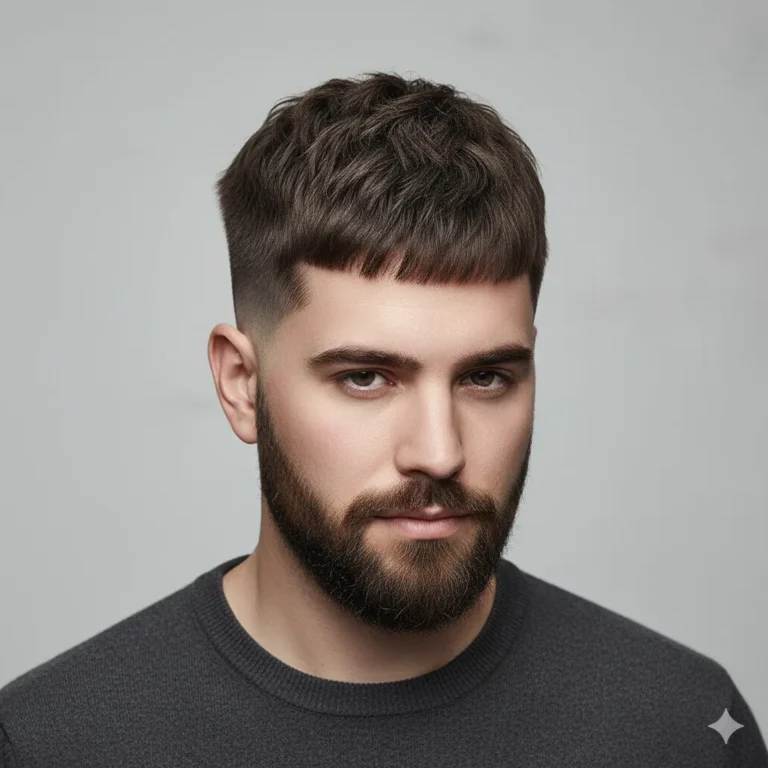 French crop haircut, structured textured top, clean faded sides.