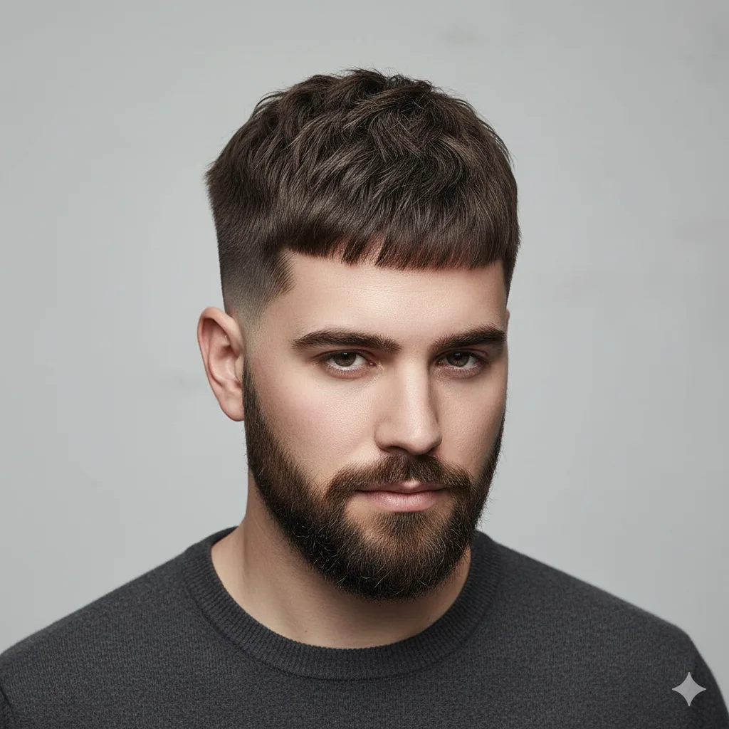 French crop haircut, structured textured top, clean faded sides.