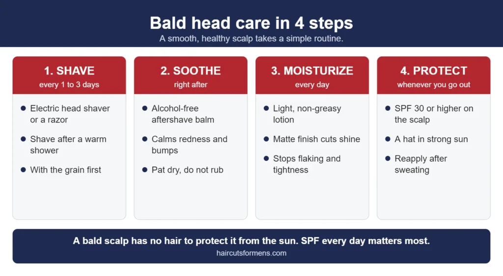 Bald head care in four steps: shave with a head shaver or razor, soothe with an aftershave balm, moisturize with a matte lotion, and protect the scalp with SPF