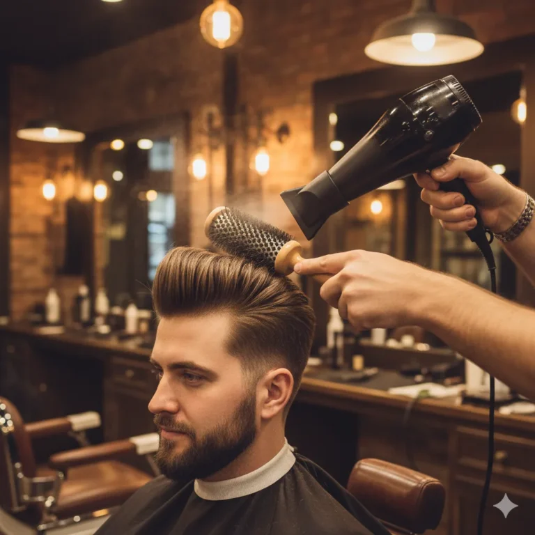 Barber styling a man’s quiff