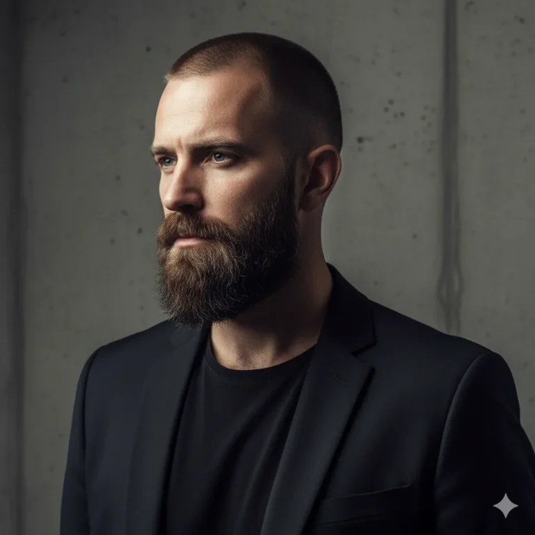 buzz cut and sharply lined full beard
