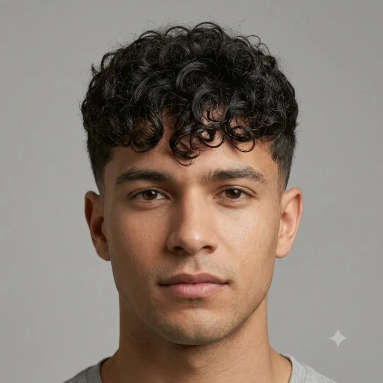 Curly fringe hairstyle for men falling over forehead.