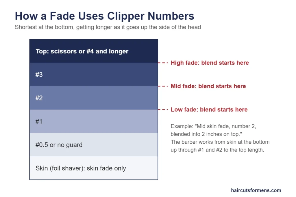 Diagram of how a fade uses clipper numbers from skin to number 3 and the top