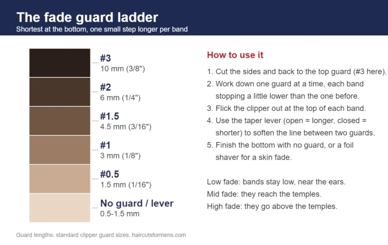 Fade guard ladder: no guard 0.5-1.5 mm, #0.5 1.5 mm, #1 3 mm, #1.5 4.5 mm, #2 6 mm, #3 10 mm, with steps for blending a fade at home