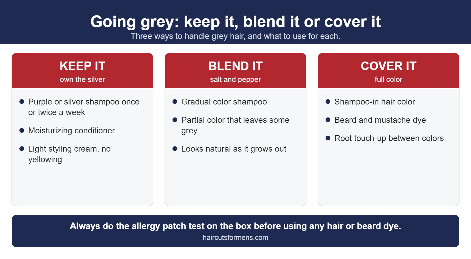 Three ways to handle grey hair: keep it bright with purple shampoo and moisture, blend it with gradual or partial color, or cover it with hair and beard dye