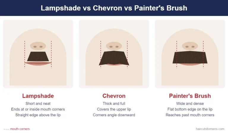 Lampshade vs chevron vs painter's brush mustache: shape, width and where the bottom edge sits