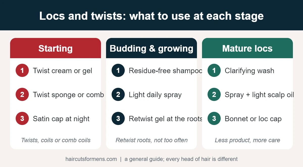 Locs and twists products by stage: starting twists, budding and growing locs, and mature locs