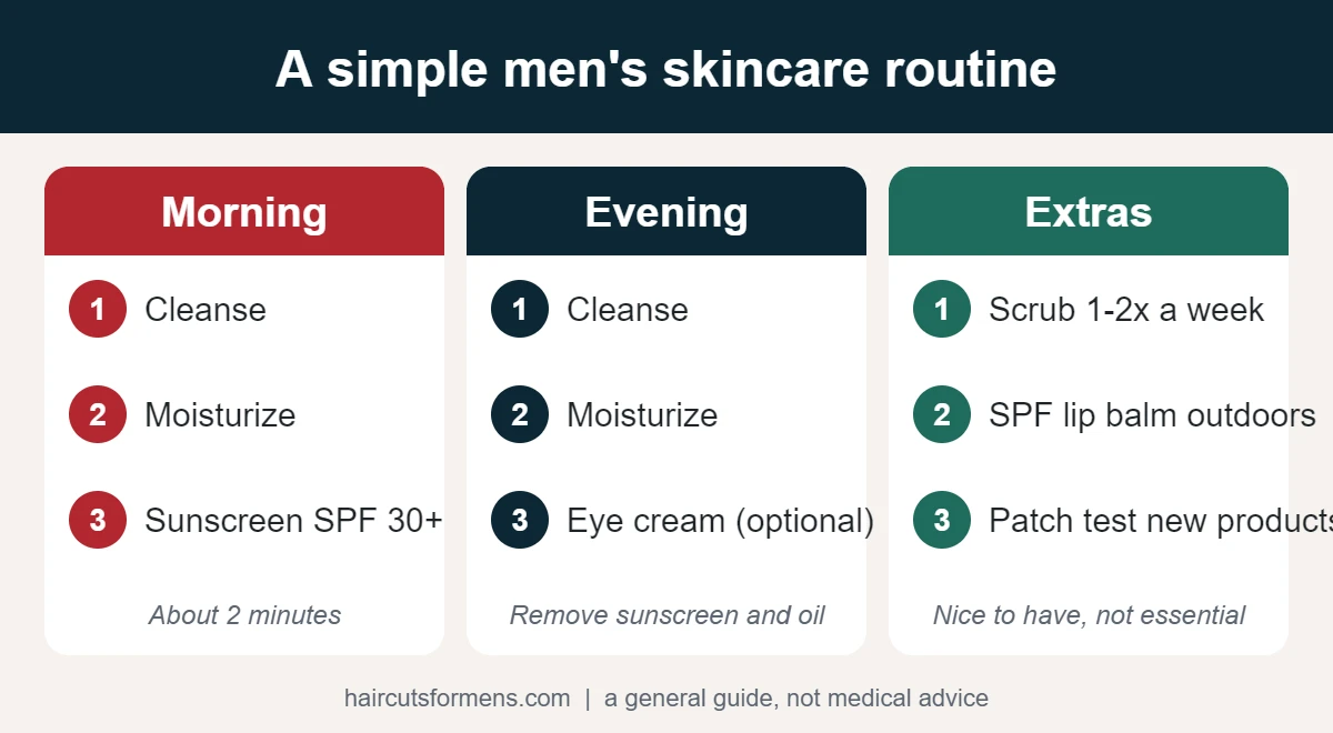 A simple men's skincare routine: morning cleanse, moisturize and sunscreen; evening cleanse and moisturize; extras such as eye cream, lip balm and a weekly scrub