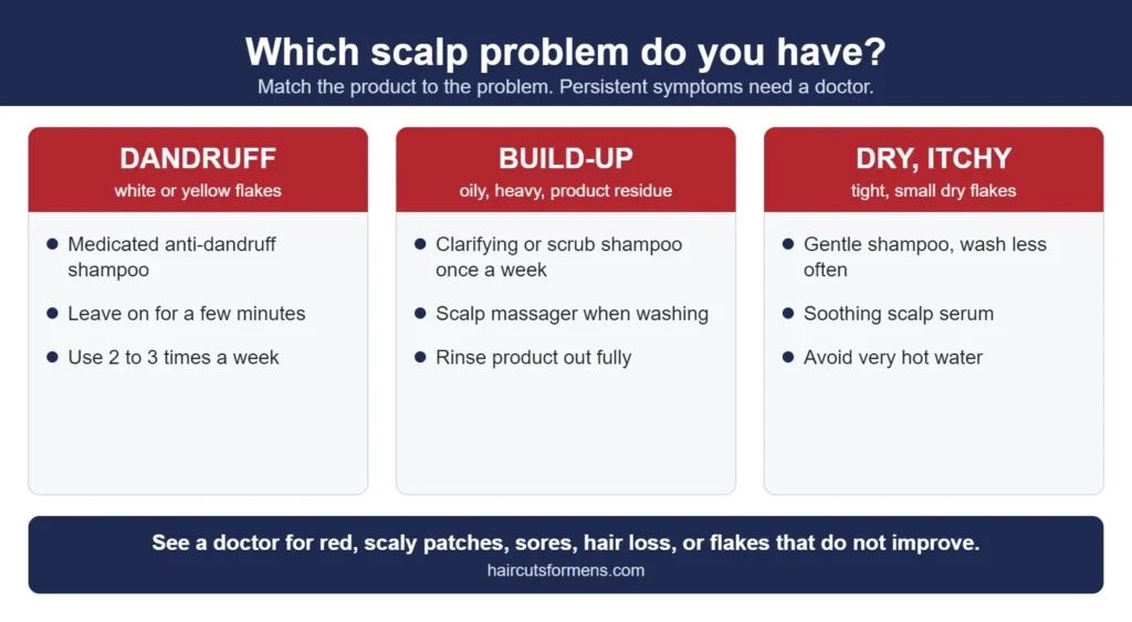 Common scalp problems and what to use: dandruff flakes, build-up and oiliness, and a dry, itchy scalp, with the type of product that helps each