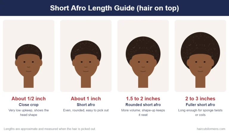 Short afro length guide: about 1/2 inch close crop, 1 inch short afro, 1.5 to 2 inches rounded afro, 2 to 3 inches fuller afro