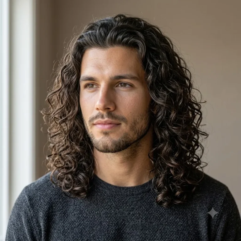 Shoulder length curly hairstyle for men.