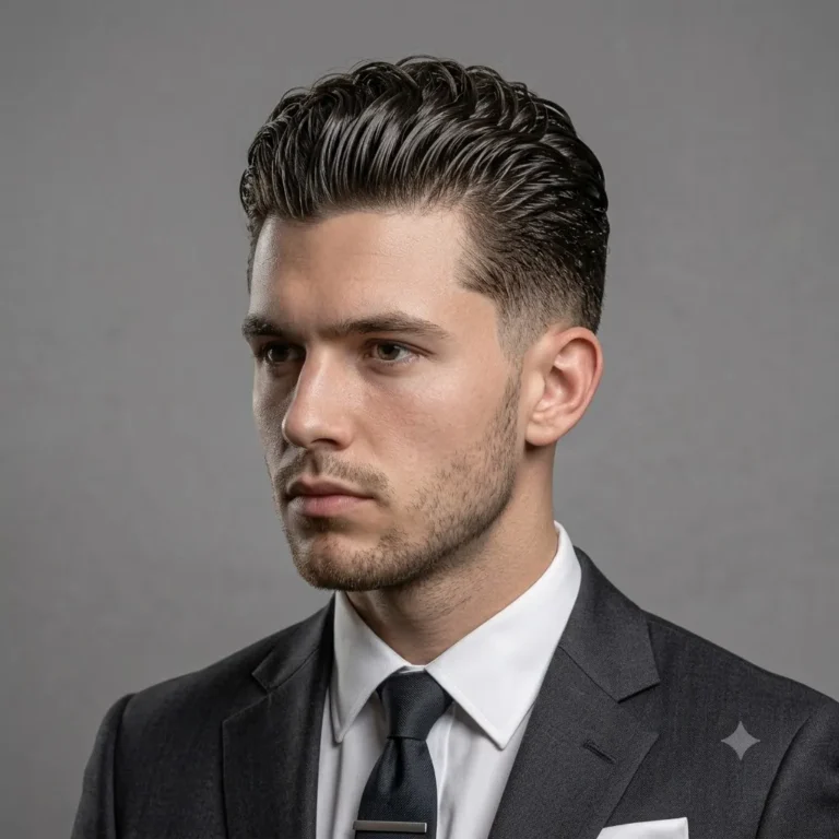 Slick back hairstyle on wavy curly hair for men.