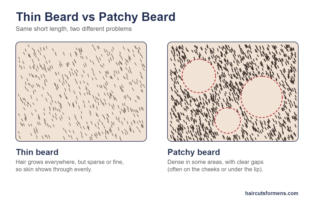 Thin beard vs patchy beard: thin growth is sparse everywhere, patchy growth is dense with clear gaps