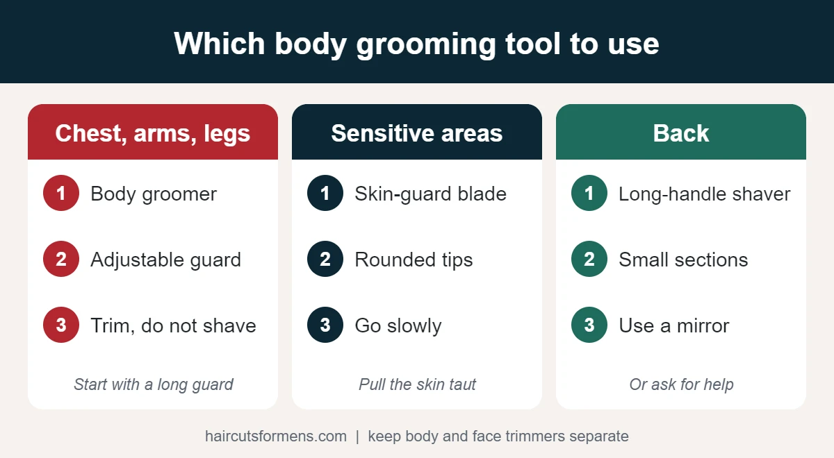 Which body grooming tool to use for the chest, sensitive areas and the back
