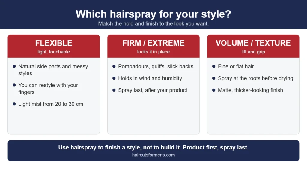 Which hairspray to use: flexible hold for natural styles, firm or extreme hold for pompadours and quiffs, and volume or texture sprays for fine or flat hair
